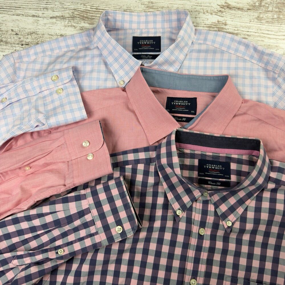 Lot of 3 Charles Tyrwhitt Men XXL Shirts Button Down Classic Fit Plaid Pink